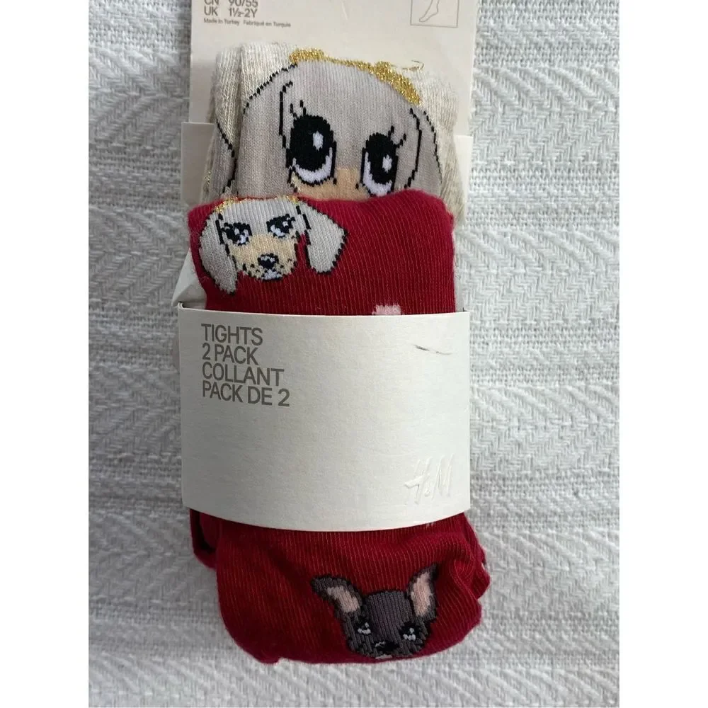 H&M GIRL’S 2T CHRISTMAS 2 PAIR CUTE DOGGIE TIGHTS